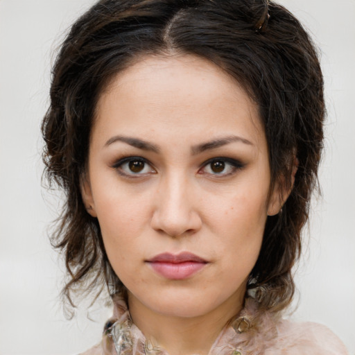 Neutral white young-adult female with medium  brown hair and brown eyes