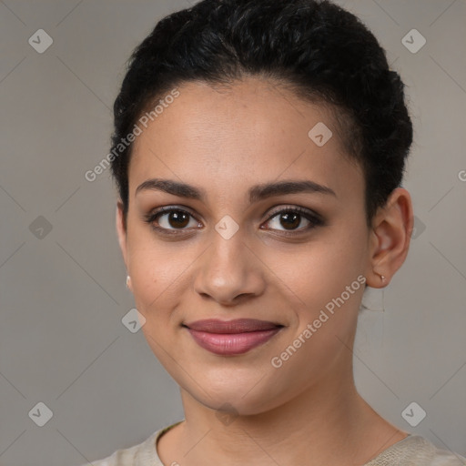 Joyful latino young-adult female with short  brown hair and brown eyes