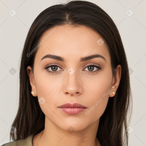 Neutral white young-adult female with long  brown hair and brown eyes