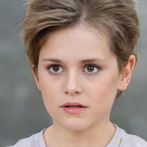 Neutral white young-adult female with short  brown hair and brown eyes