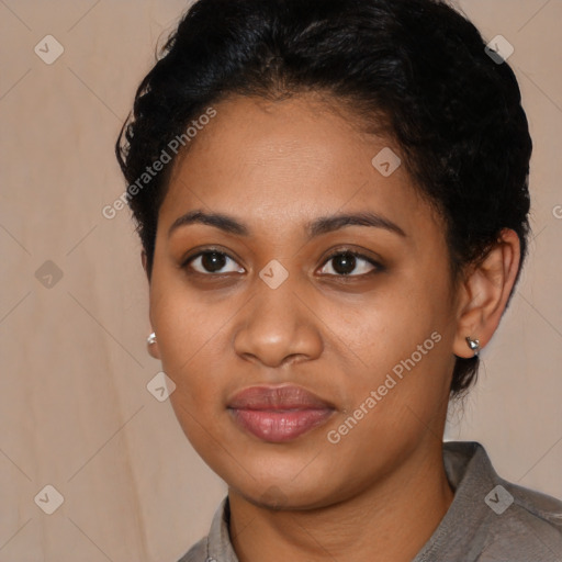 Joyful latino young-adult female with short  black hair and brown eyes