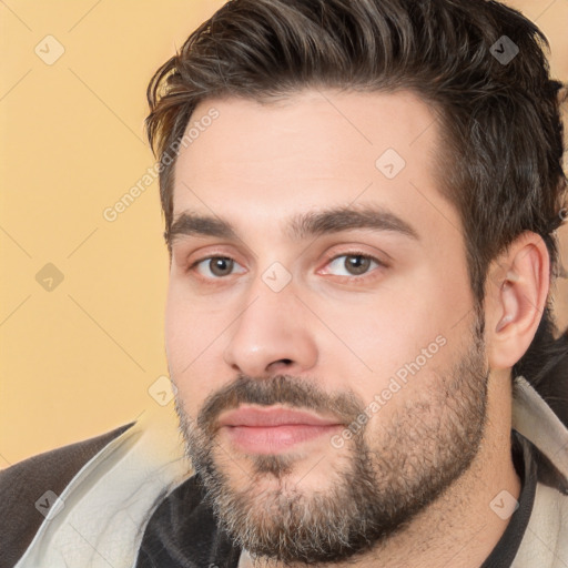 Neutral white young-adult male with short  brown hair and brown eyes