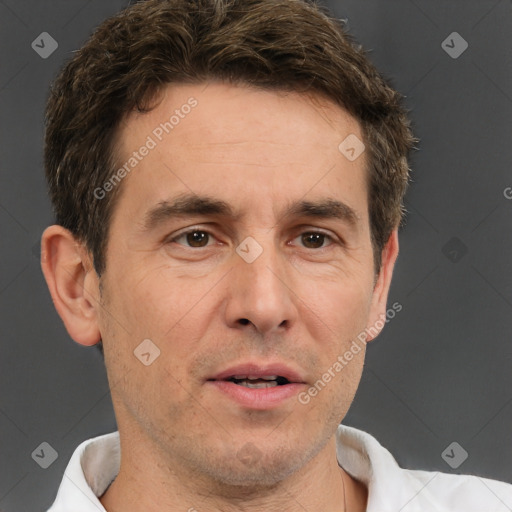 Neutral white adult male with short  brown hair and brown eyes