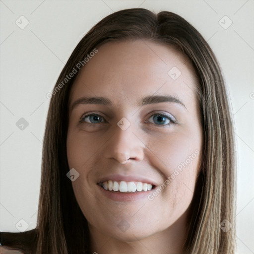 Joyful white young-adult female with long  brown hair and grey eyes