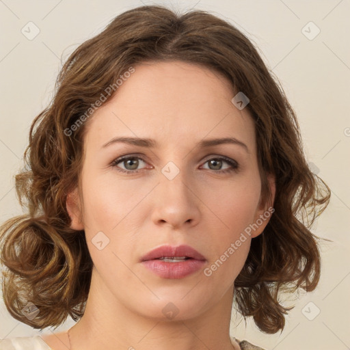 Neutral white young-adult female with medium  brown hair and green eyes