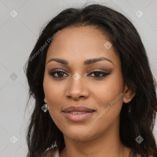 Joyful latino young-adult female with long  brown hair and brown eyes