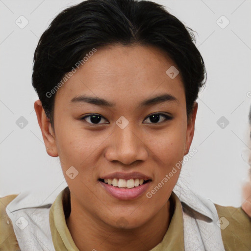 Joyful latino young-adult female with short  brown hair and brown eyes