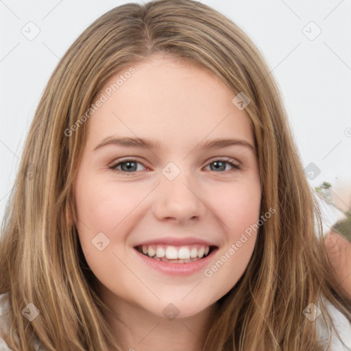 Joyful white child female with long  brown hair and brown eyes