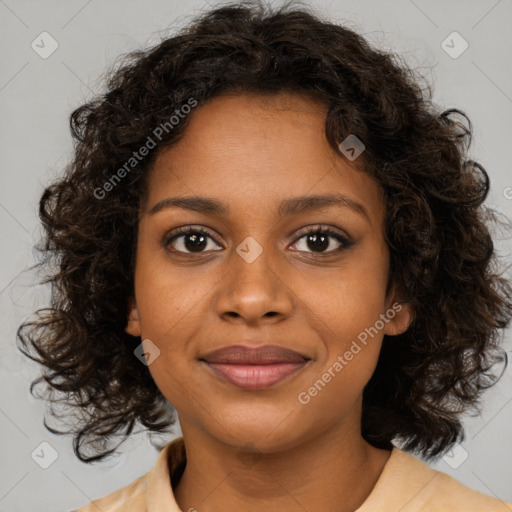 Joyful black young-adult female with medium  brown hair and brown eyes