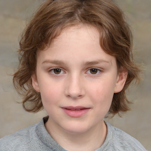 Joyful white child female with medium  brown hair and grey eyes