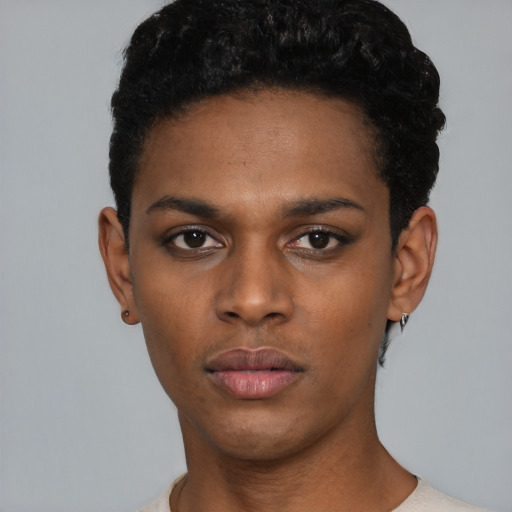 Neutral black young-adult male with short  black hair and brown eyes