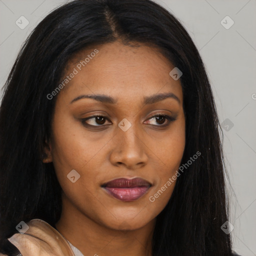 Joyful asian young-adult female with long  brown hair and brown eyes