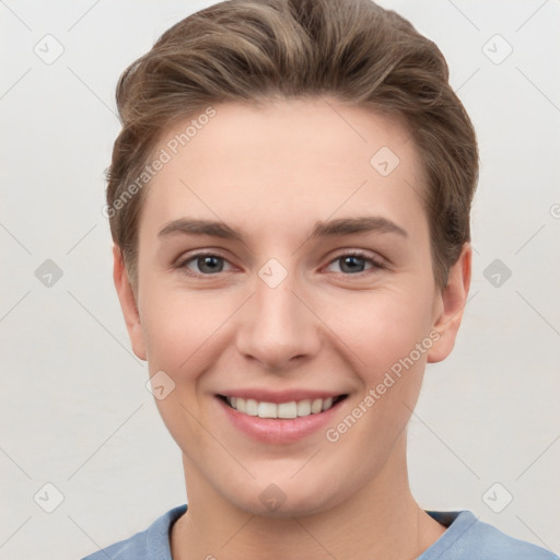 Joyful white young-adult female with short  brown hair and grey eyes