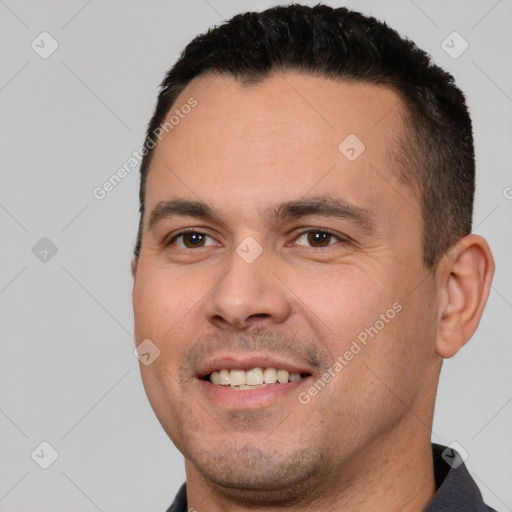 Joyful white young-adult male with short  brown hair and brown eyes