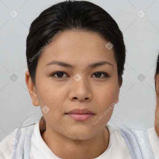 Neutral asian young-adult female with short  brown hair and brown eyes