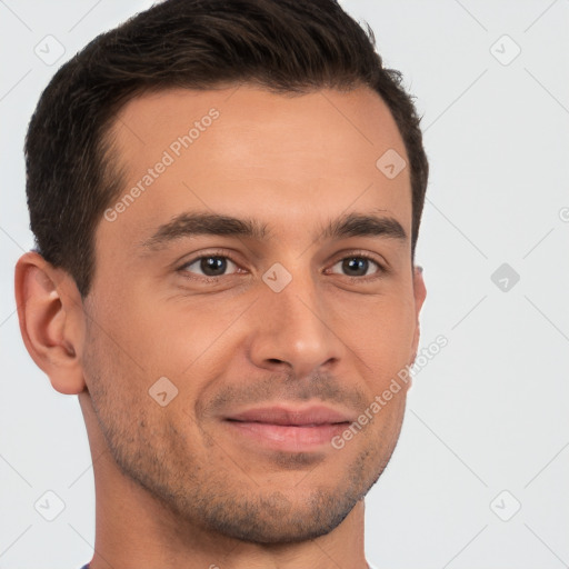 Joyful white young-adult male with short  brown hair and brown eyes