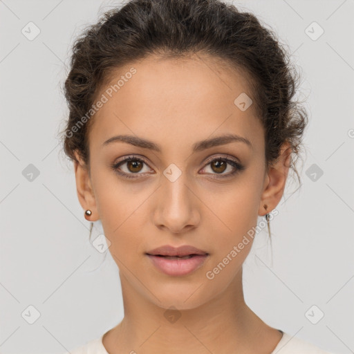 Neutral white young-adult female with short  brown hair and brown eyes