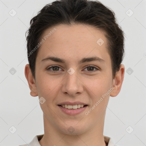 Joyful white young-adult female with short  brown hair and brown eyes