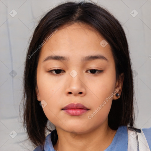 Neutral asian young-adult female with medium  brown hair and brown eyes