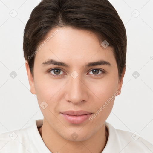 Joyful white young-adult female with short  brown hair and brown eyes