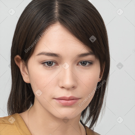 Neutral white young-adult female with medium  brown hair and brown eyes