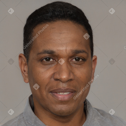 Joyful black adult male with short  black hair and brown eyes