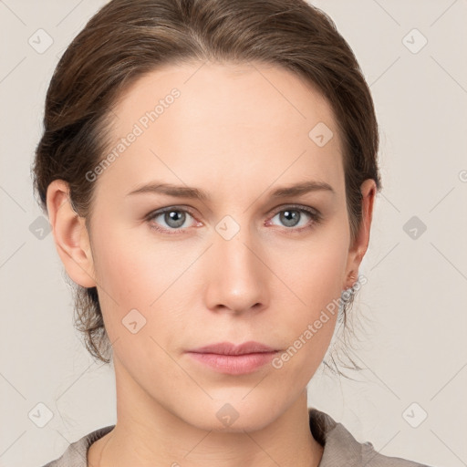 Neutral white young-adult female with medium  brown hair and grey eyes