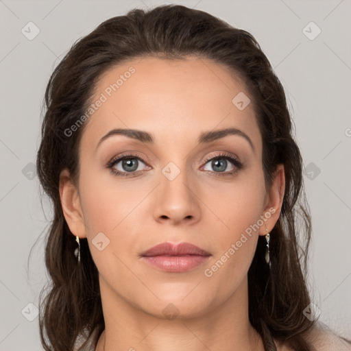 Neutral white young-adult female with medium  brown hair and grey eyes