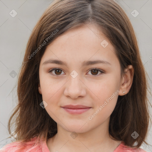 Joyful white child female with medium  brown hair and brown eyes