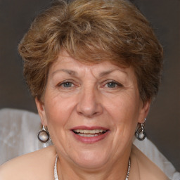 Joyful white middle-aged female with short  brown hair and brown eyes