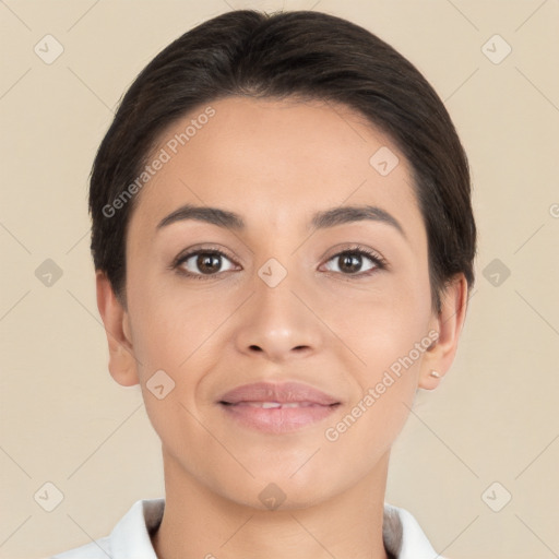 Joyful white young-adult female with short  brown hair and brown eyes