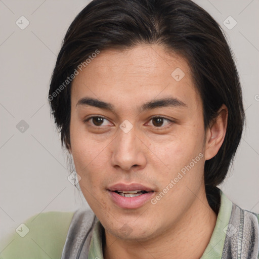 Joyful white young-adult male with medium  brown hair and brown eyes