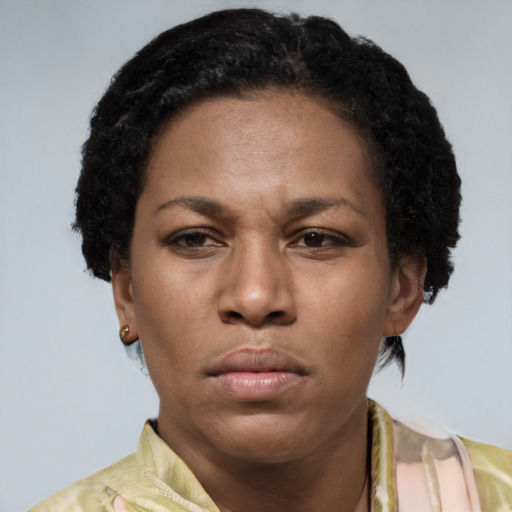 Neutral latino young-adult female with short  brown hair and brown eyes