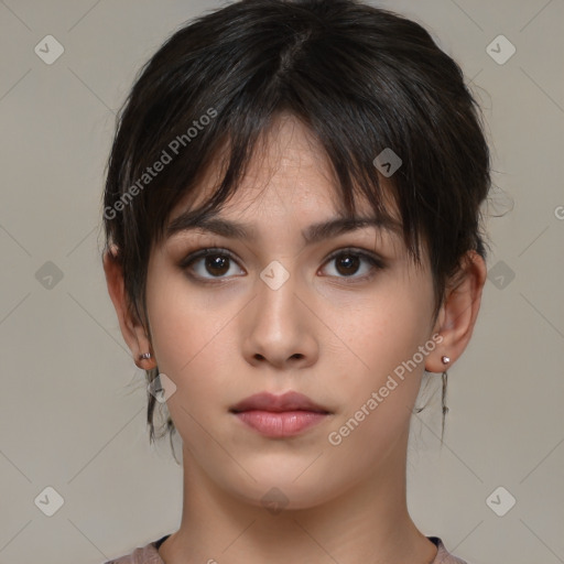 Neutral white young-adult female with medium  brown hair and brown eyes