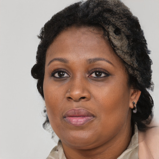 Joyful black adult female with short  brown hair and brown eyes
