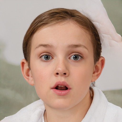 Neutral white child female with short  brown hair and blue eyes