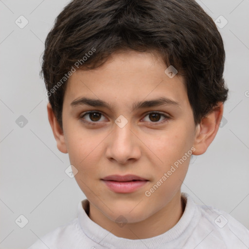 Joyful white child male with short  brown hair and brown eyes