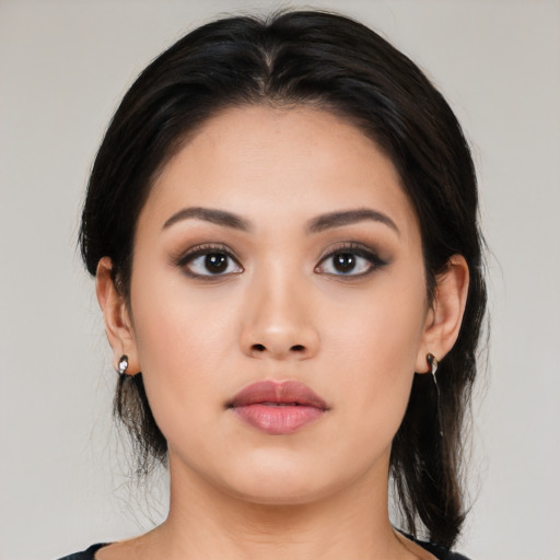 Neutral asian young-adult female with long  black hair and brown eyes