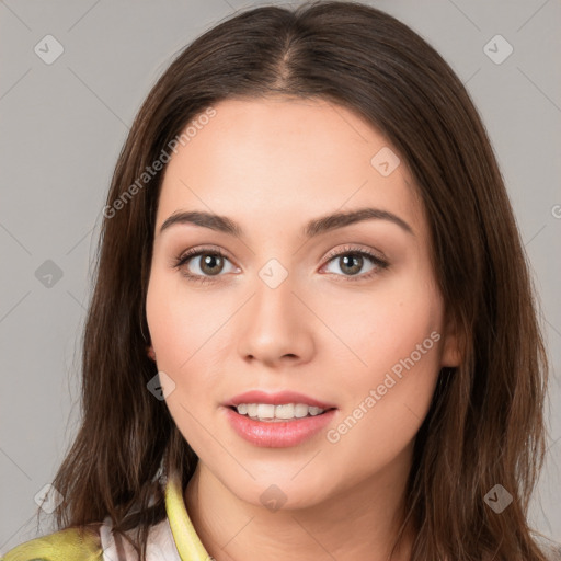 Neutral white young-adult female with medium  brown hair and brown eyes