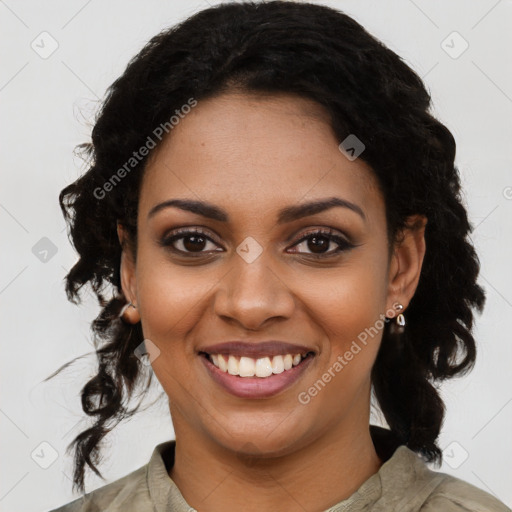 Joyful black young-adult female with medium  black hair and brown eyes