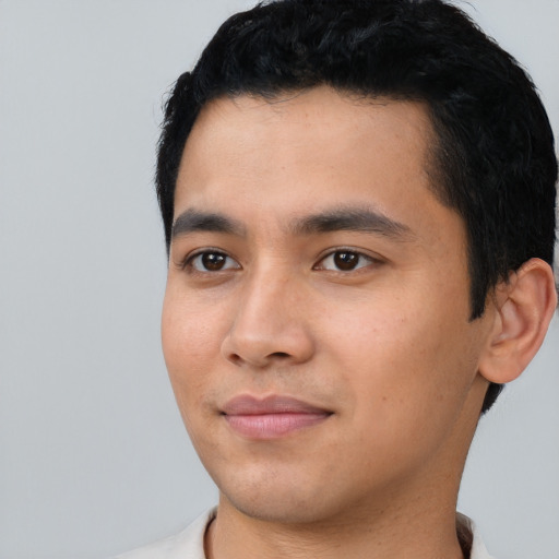 Neutral asian young-adult male with short  black hair and brown eyes