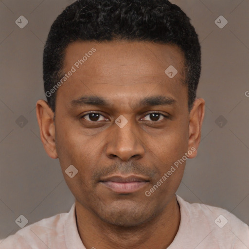 Joyful black young-adult male with short  black hair and brown eyes