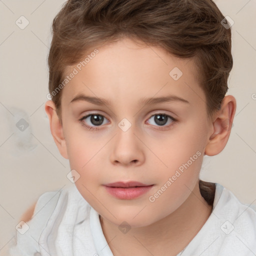 Joyful white child female with short  brown hair and brown eyes