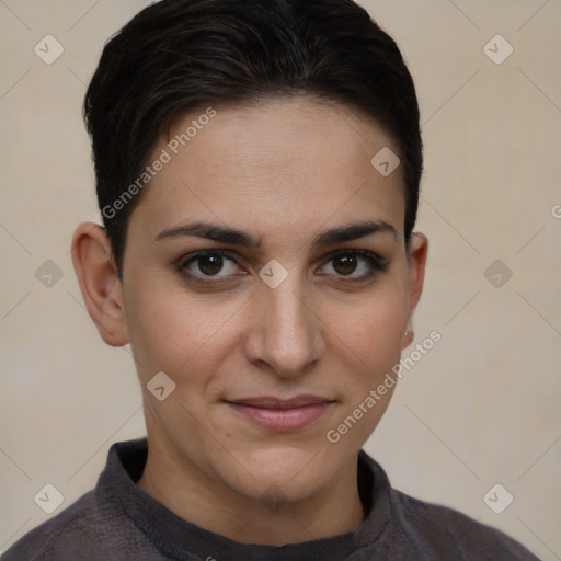 Joyful white young-adult female with short  brown hair and brown eyes