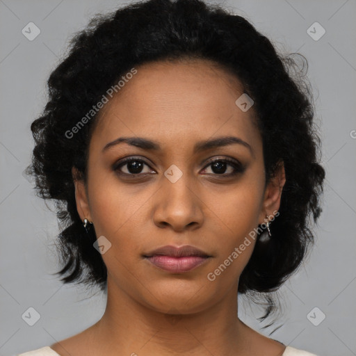 Joyful latino young-adult female with medium  black hair and brown eyes