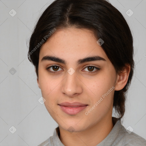 Joyful white young-adult female with medium  brown hair and brown eyes