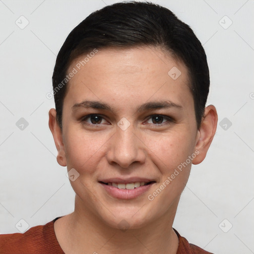 Joyful white young-adult female with short  brown hair and brown eyes