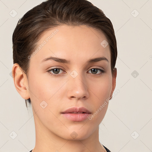 Neutral white young-adult female with short  brown hair and brown eyes