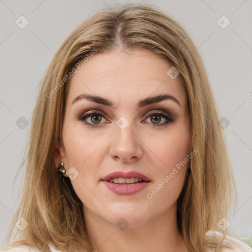 Joyful white young-adult female with medium  brown hair and brown eyes