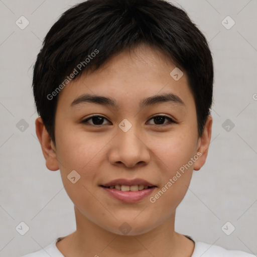 Joyful asian young-adult female with short  brown hair and brown eyes